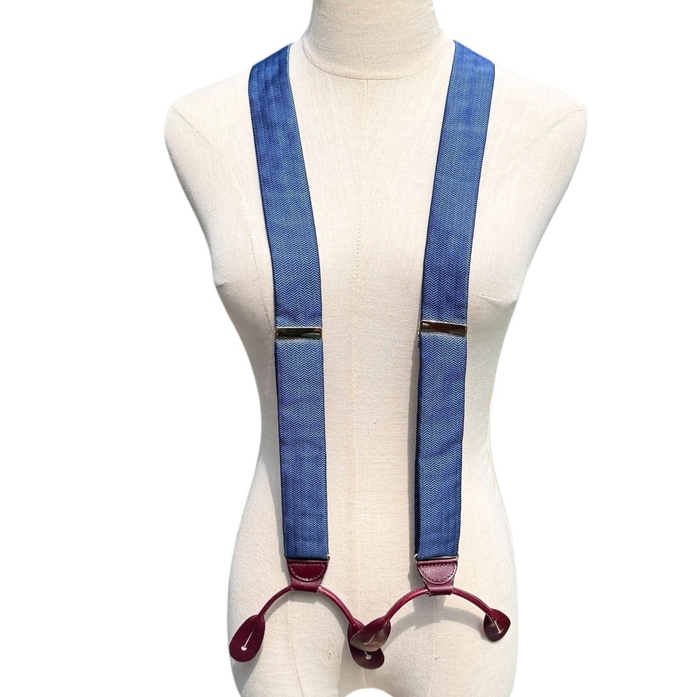 CAS W-Germany Blue Herringbone Y-Back Button Suspender Burgundy Leather Vintage